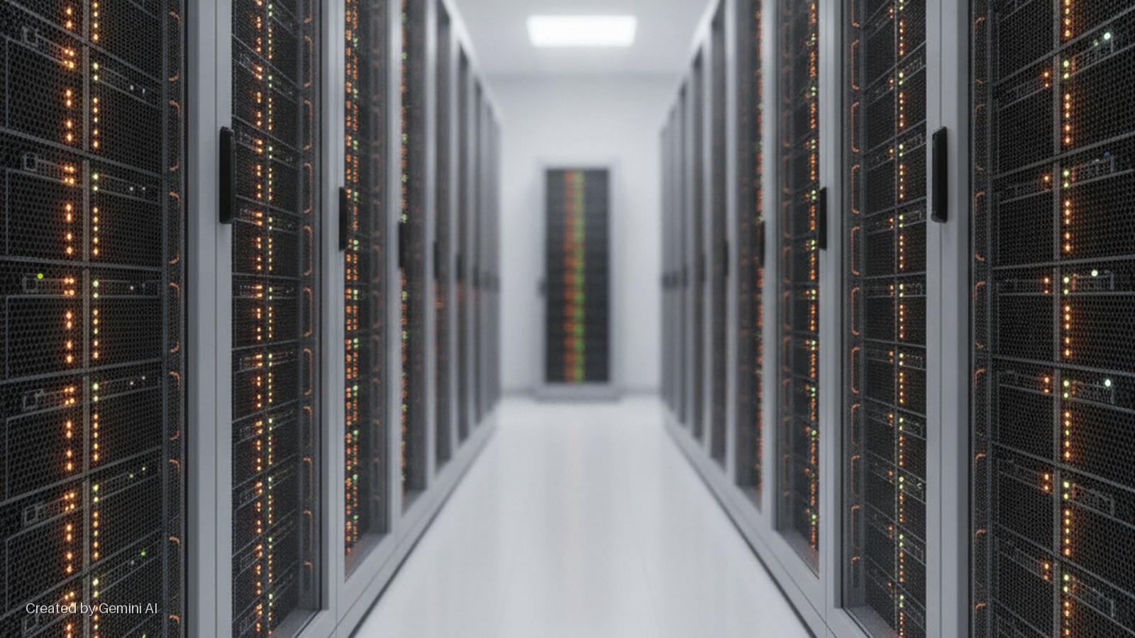 A data center hallway is lined with server racks featuring glowing orange and green status lights, leading to a distant door under a bright overhead light.