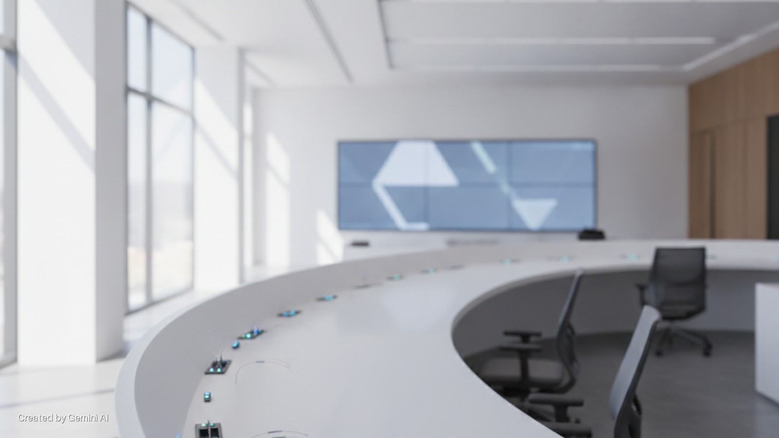 Brightly lit modern control room with a curved white console, ergonomic black chairs, and a large video wall display, illuminated by natural light from expansive windows.