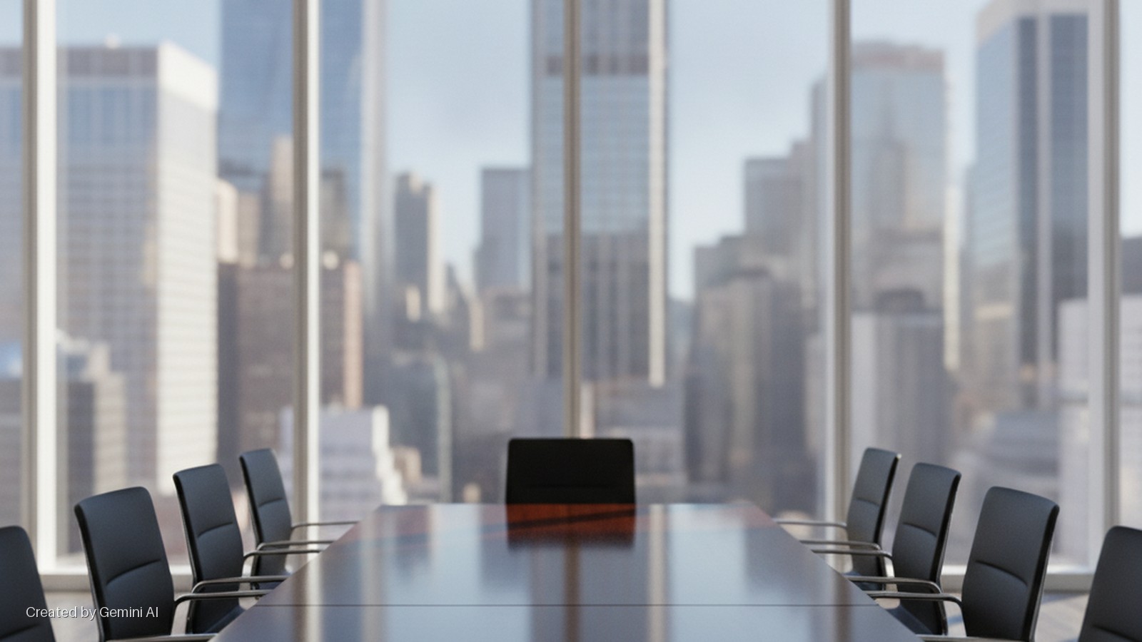 A long, reflective conference table surrounded by black office chairs is positioned in a modern conference room with large windows overlooking a blurred cityscape under bright daylight.