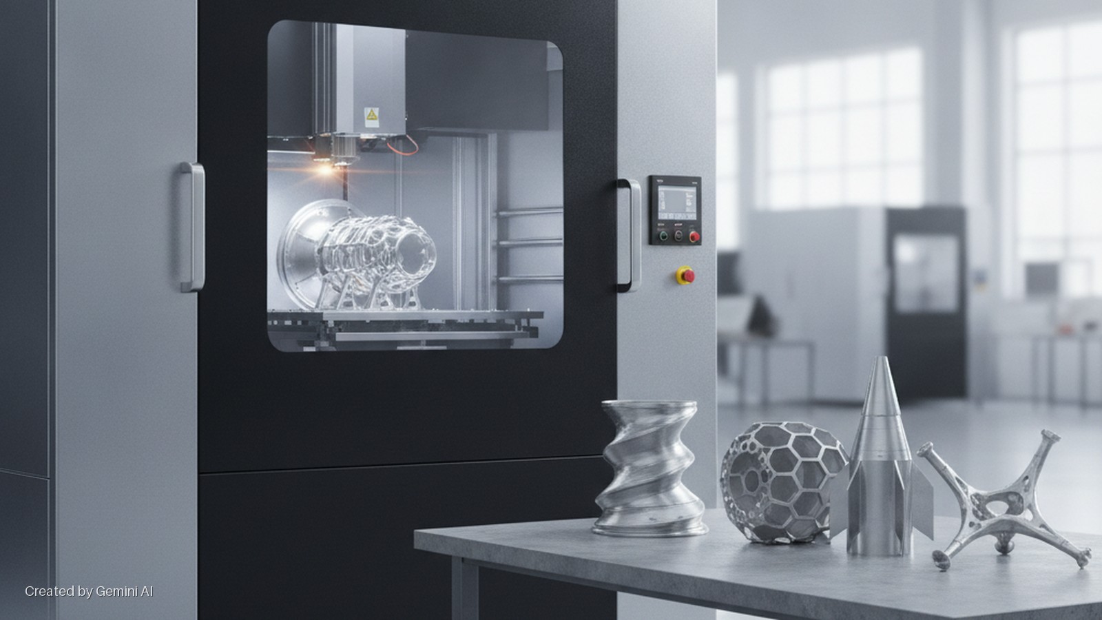 A metal additive manufacturing machine with a complex part being printed, set in a brightly lit industrial workshop with various finished metal prototypes displayed on a table.