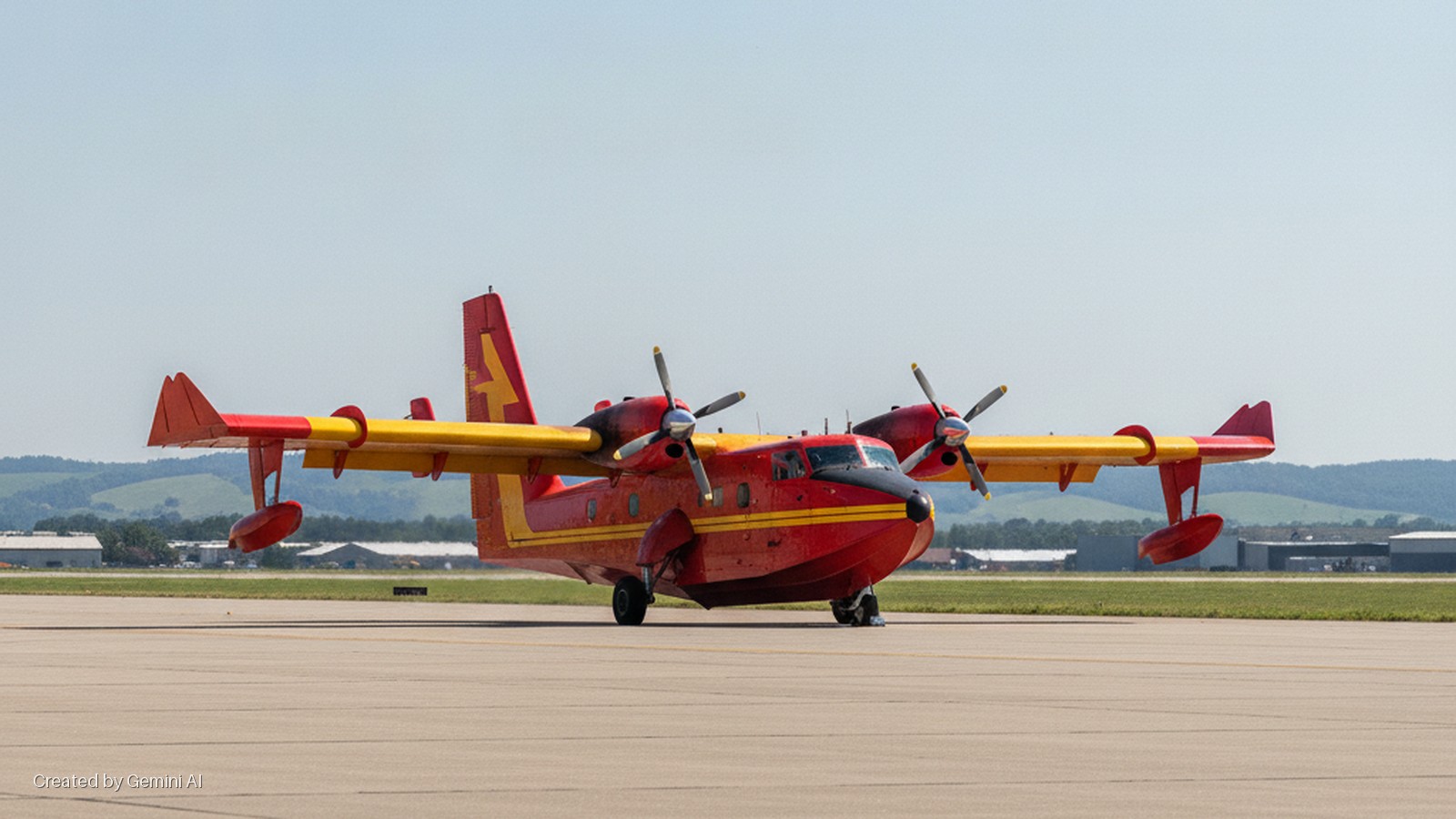 A red and yellow amphibious aircraft with two turboprop engines and wingtip floats is parked on an asphalt runway with green hills and distant buildings under a clear daytime sky.