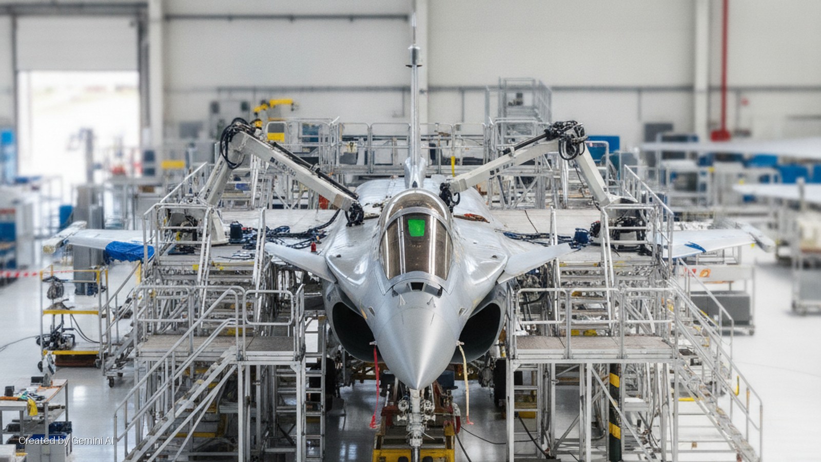 A grey Dassault Rafale fighter jet stands amidst extensive silver scaffolding and mechanical arms in a brightly lit aircraft hangar.