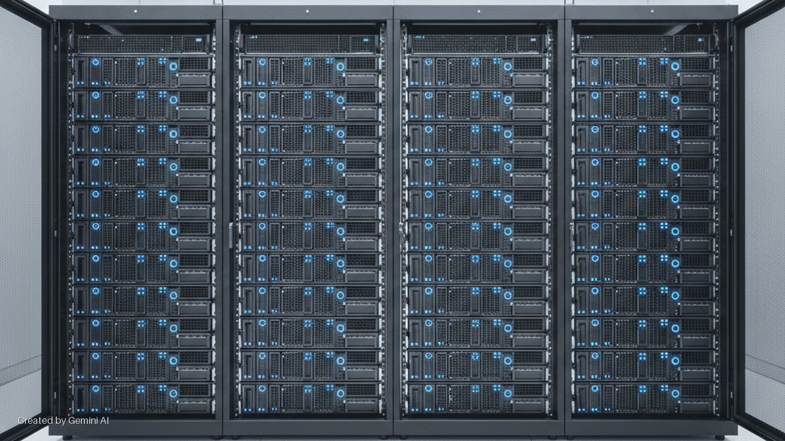 Four black server racks filled with servers displaying blue LED lights stand in a well-lit data center.
