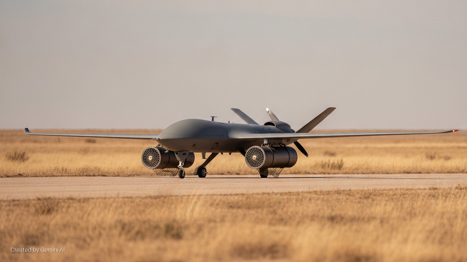 A dark grey uncrewed aircraft, featuring two large ducted fans under its wings and a rear-mounted pusher propeller, sits on an asphalt runway amidst dry golden fields under clear daylight.