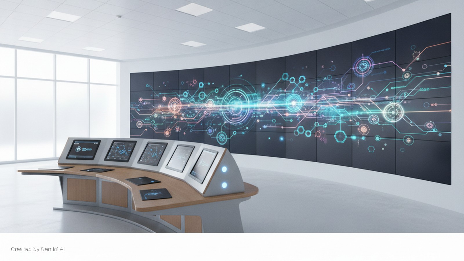 A modern control room features a sleek, curved control console with multiple screens in the foreground, facing a large, curved video wall displaying an abstract digital data network, lit by bright overhead lights and large windows.