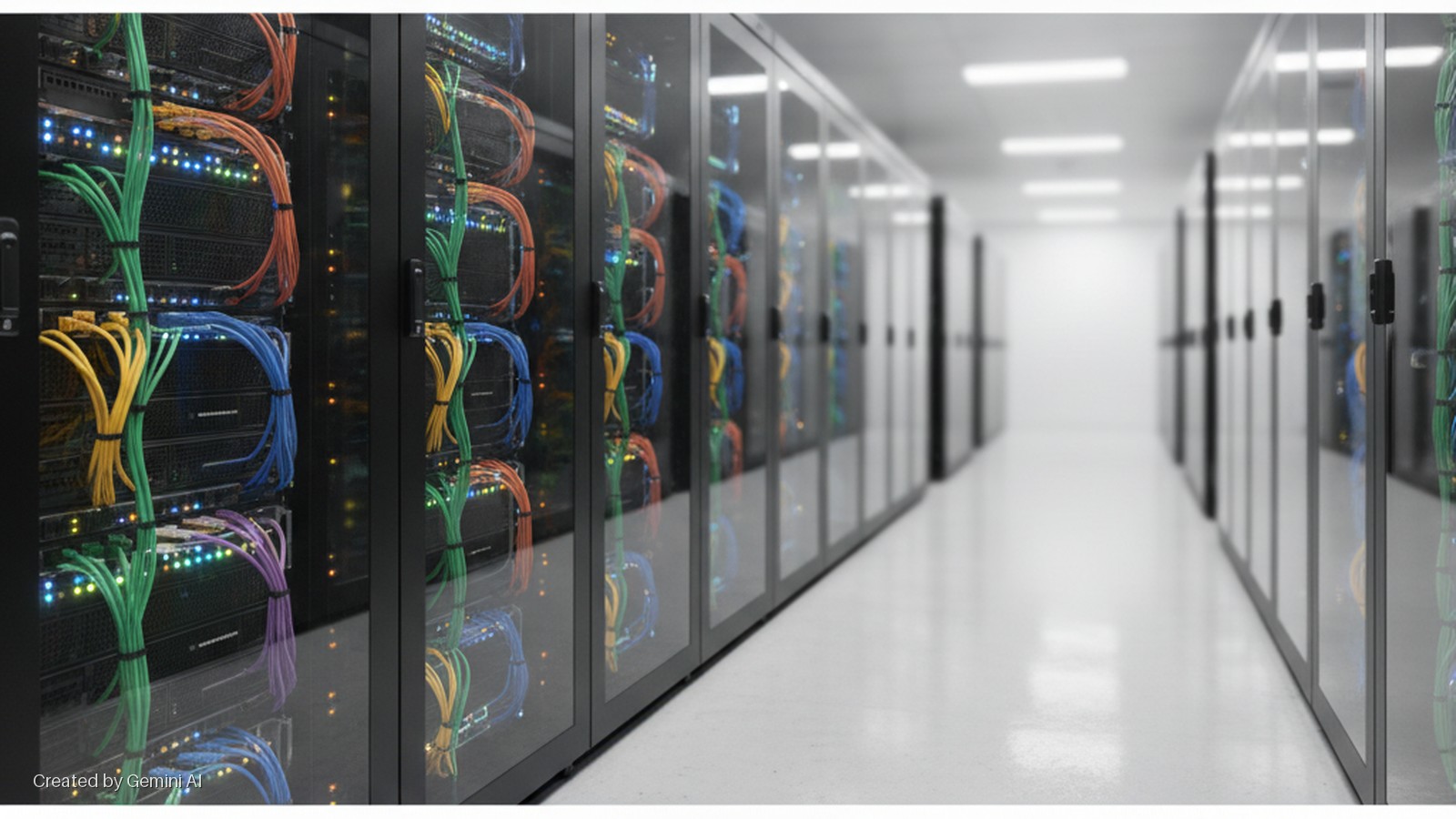 A brightly lit data center aisle with rows of black server racks showcasing colorful bundled network cables and blinking indicator lights through their glass doors.