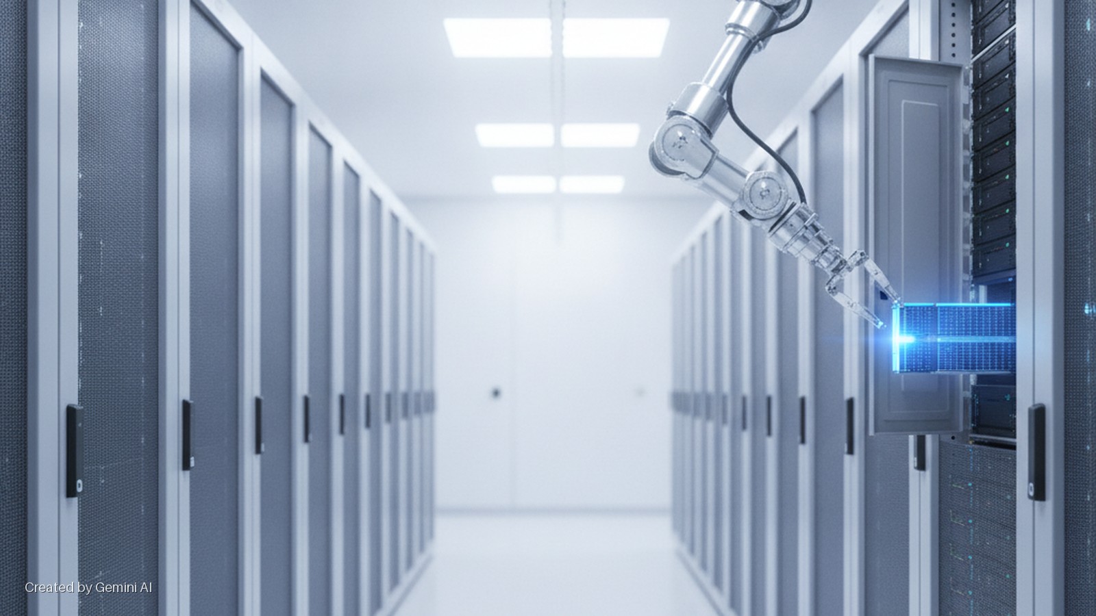 A robotic arm inserts a glowing blue server blade into an open rack within a brightly lit data center aisle lined with multiple server cabinets.