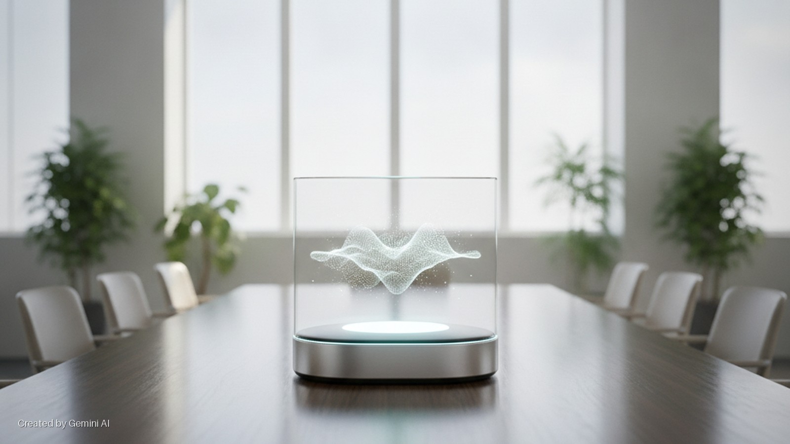 A futuristic glass display device with a glowing base shows a floating white particle graphic, centered on a long dark wooden conference table surrounded by white chairs and potted plants in a brightly lit conference room.