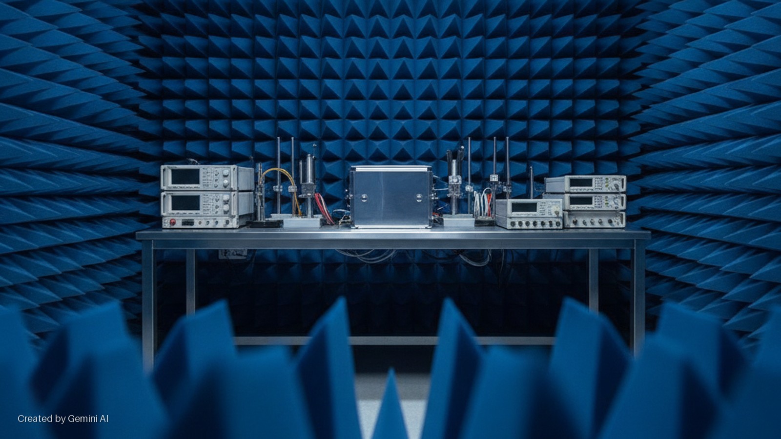 Brightly lit electronic testing equipment, including stacked units and a central metal device, sits on a metal table within a blue anechoic chamber lined with sound-absorbing foam pyramids.