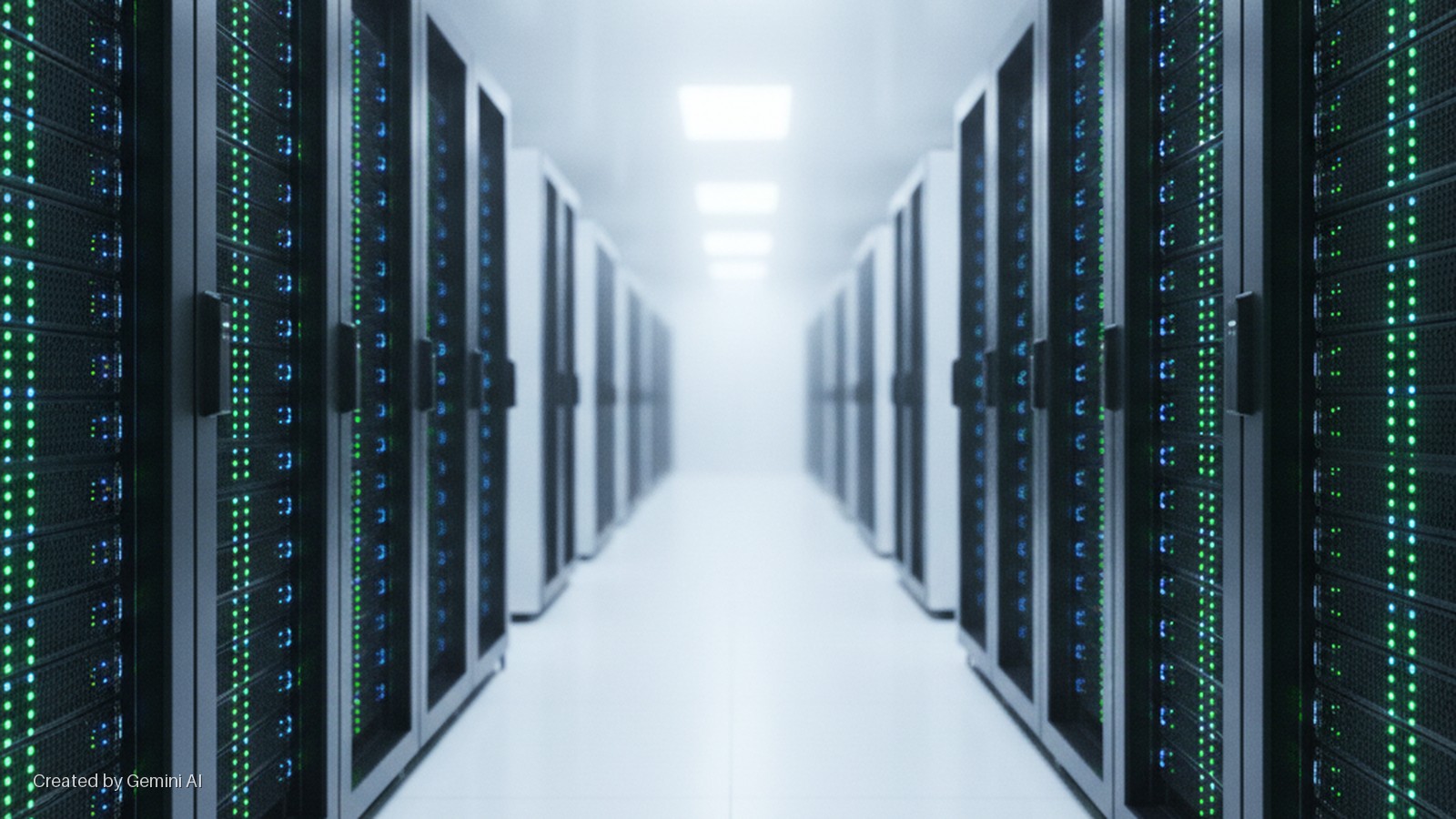 A brightly lit data center aisle features parallel rows of black server racks displaying glowing green and blue indicator lights, extending into the distance under overhead fluorescent lighting.