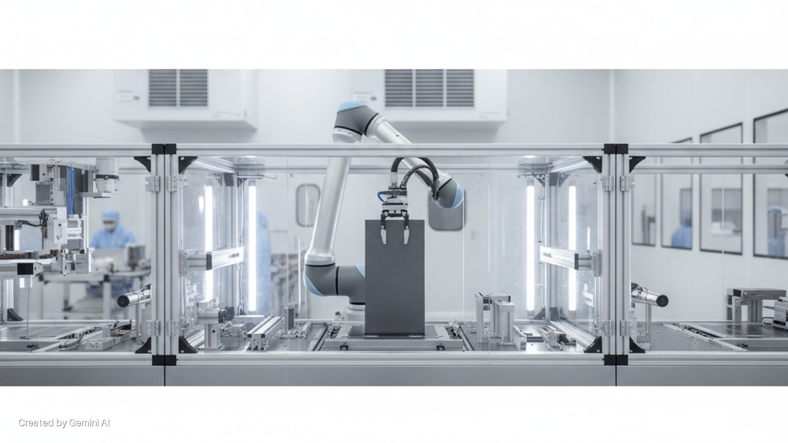 A robotic arm operates within a brightly lit clear enclosure, part of a cleanroom production line with manufacturing machinery and blurry personnel in blue cleanroom suits in the background.