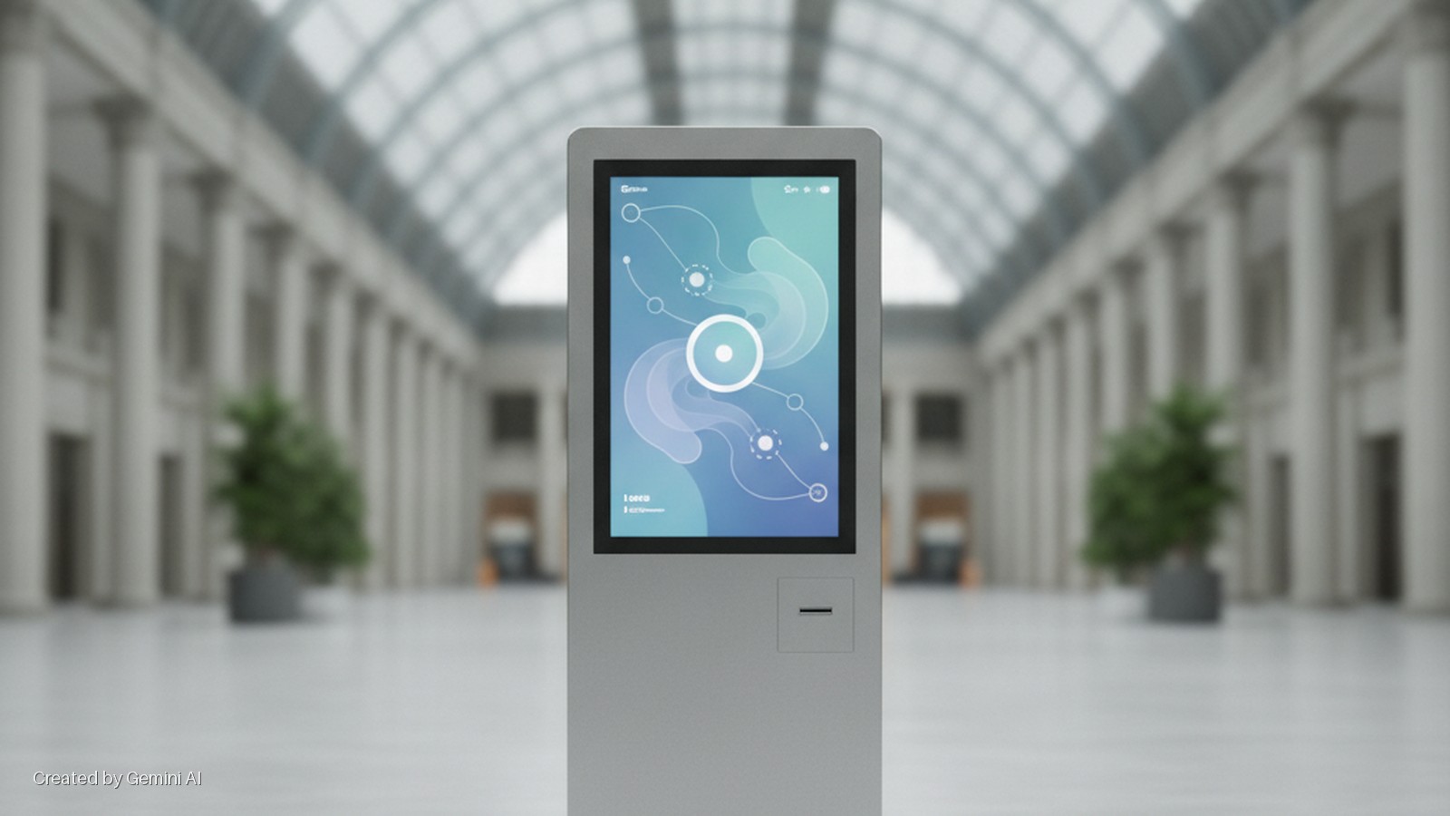A modern digital kiosk with an abstract blue and green graphic stands prominently in a brightly lit grand hall with classical columns and a vaulted glass ceiling.