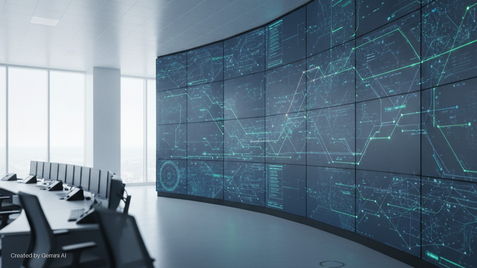 A brightly lit modern control room features a large curved video wall displaying glowing green and blue data graphics, a curved desk with multiple monitors and chairs in the foreground, and expansive windows providing natural light.