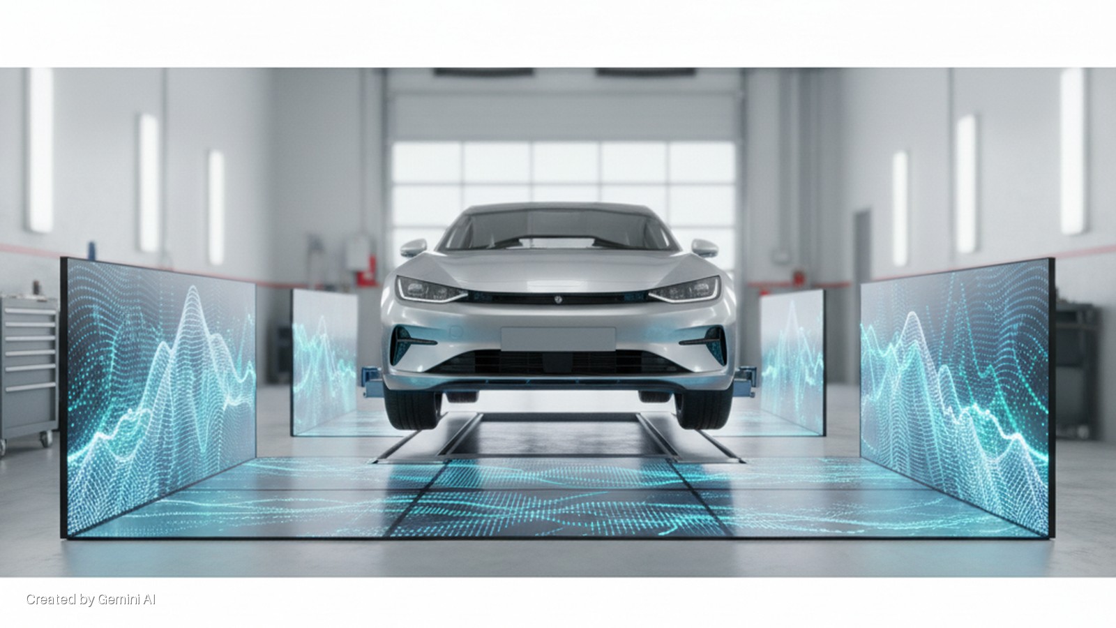 A silver car is positioned on a lift in a brightly lit car service bay, surrounded by large vertical and horizontal LED screens displaying blue digital waveform patterns.