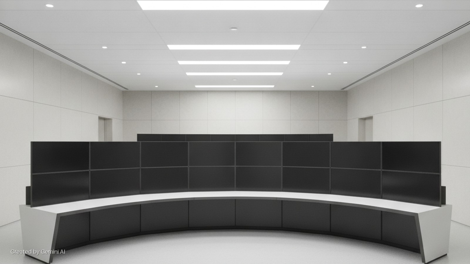 A modern control room features a curved desk with multiple blank monitors, white panel walls, and bright overhead lighting from linear panels and circular spotlights, with two doorways visible on the side walls.