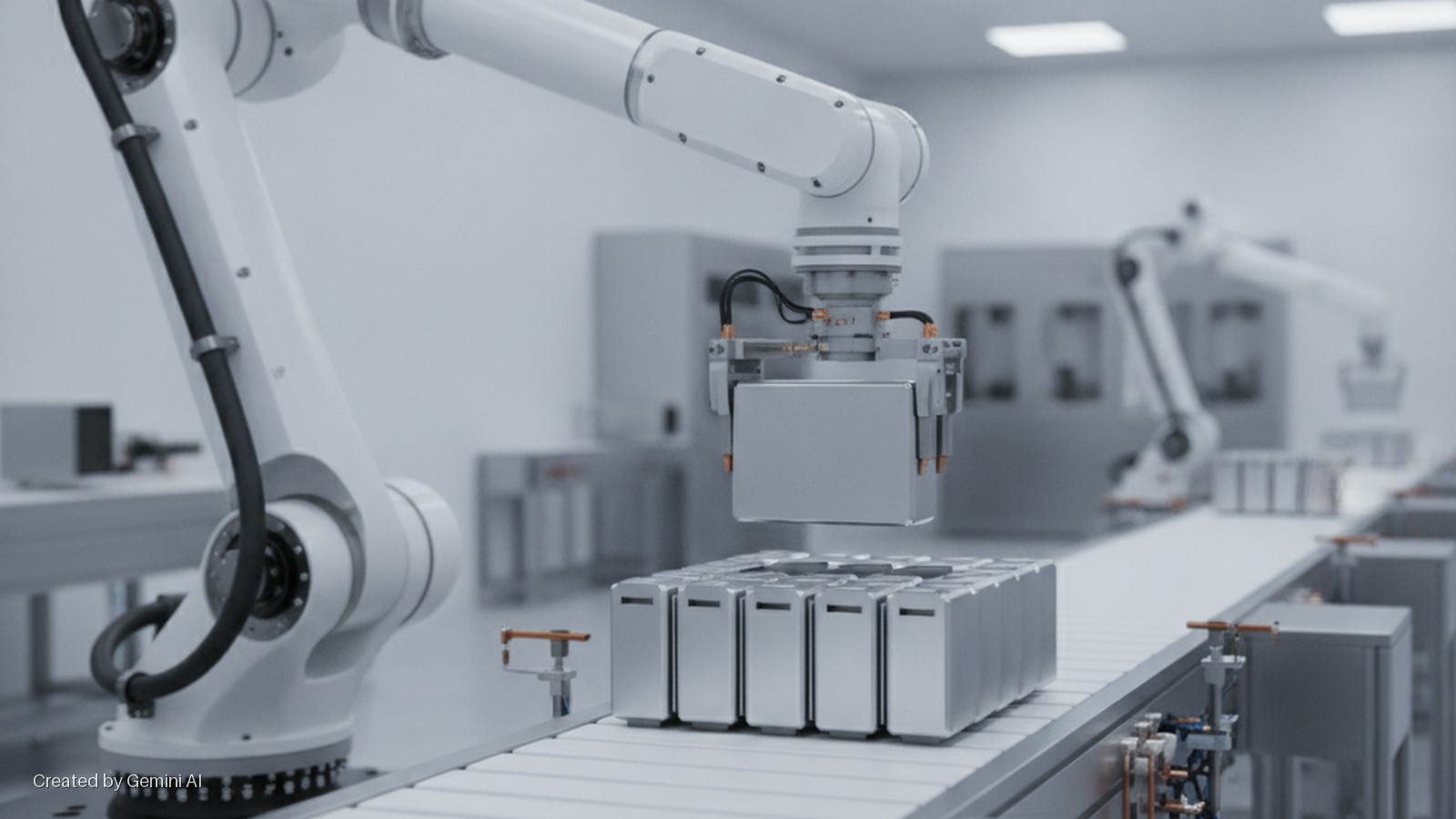 A white robotic arm precisely places a silver rectangular component onto a grid of similar components on a conveyor belt in a bright, automated factory setting.
