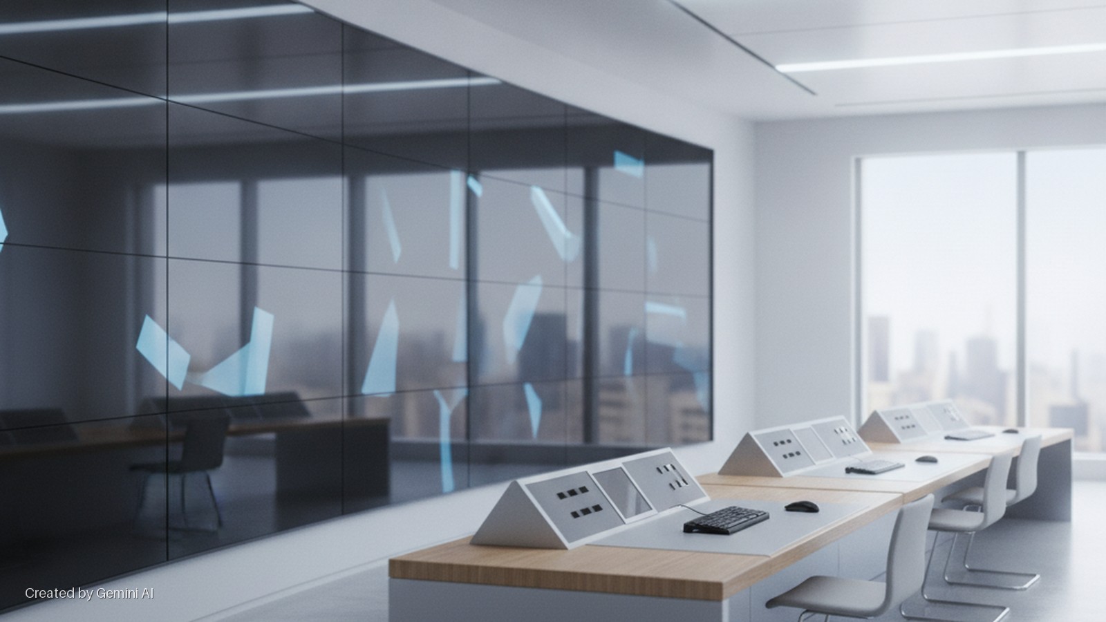 A brightly lit, modern control room features a multi-panel video wall displaying abstract blue shapes, a row of light wood desks with control panels, keyboards, mice, and chairs, and large windows revealing a city skyline.