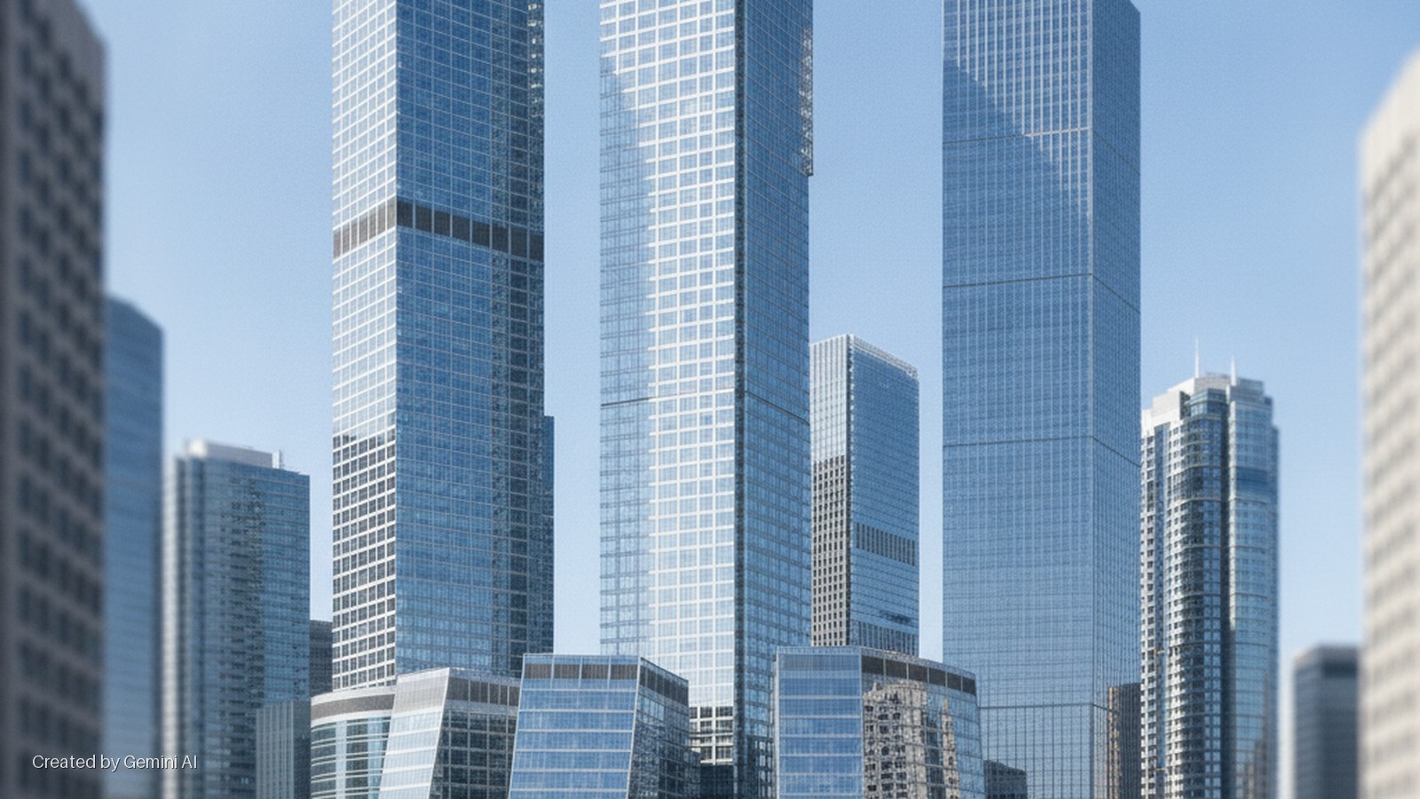 A cityscape featuring numerous tall, modern glass skyscrapers against a clear, bright blue sky.
