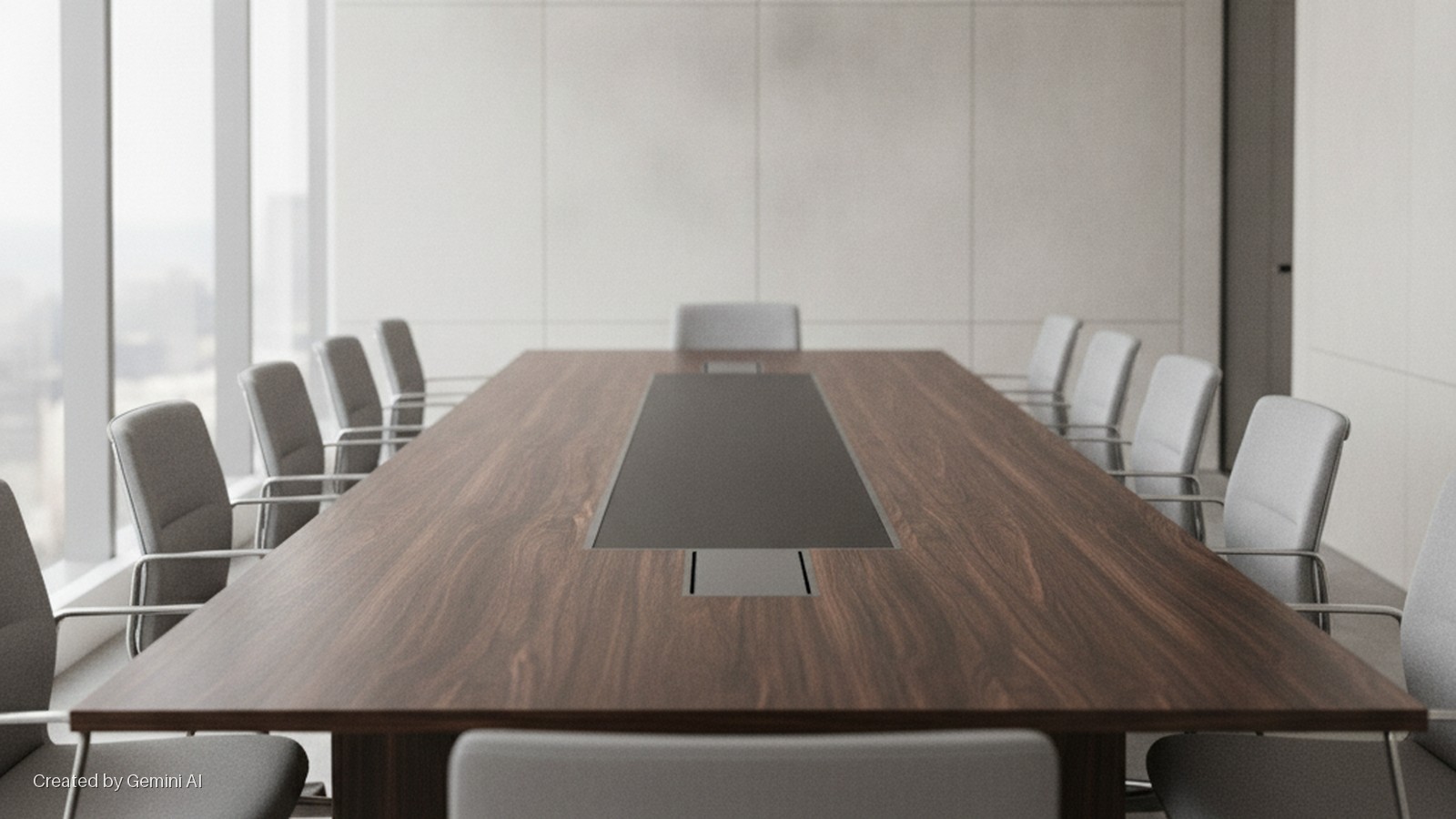 A modern conference room features a long dark wooden table with a central dark grey inset panel and power modules, surrounded by light grey upholstered chairs with metal frames, all brightly lit by natural light from large windows showcasin