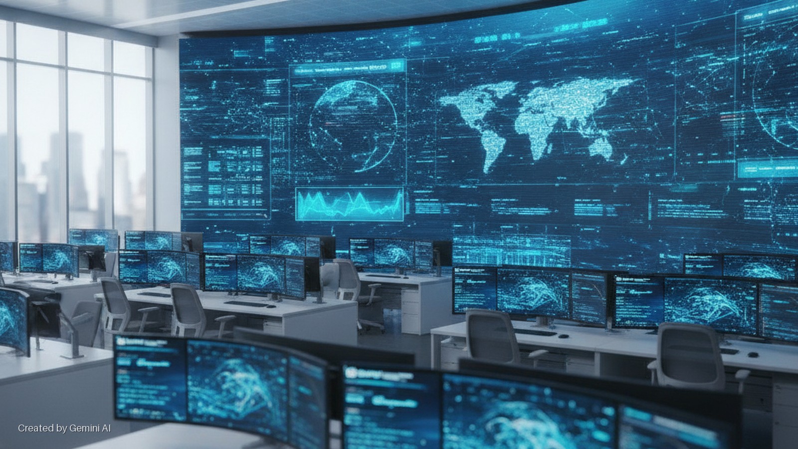 A bright control room features rows of desks with chairs and multiple computer monitors displaying blue data graphics, facing a large curved wall screen showing a world map and data visualizations, with city buildings visible through large 