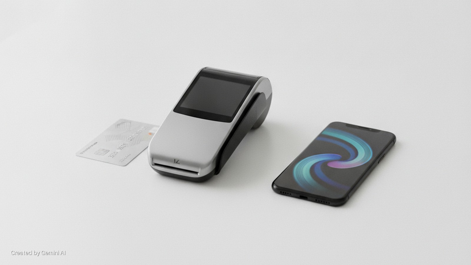 A credit card, a gray and black payment terminal, and a smartphone displaying a blue and purple swirl design lie on a bright white surface.