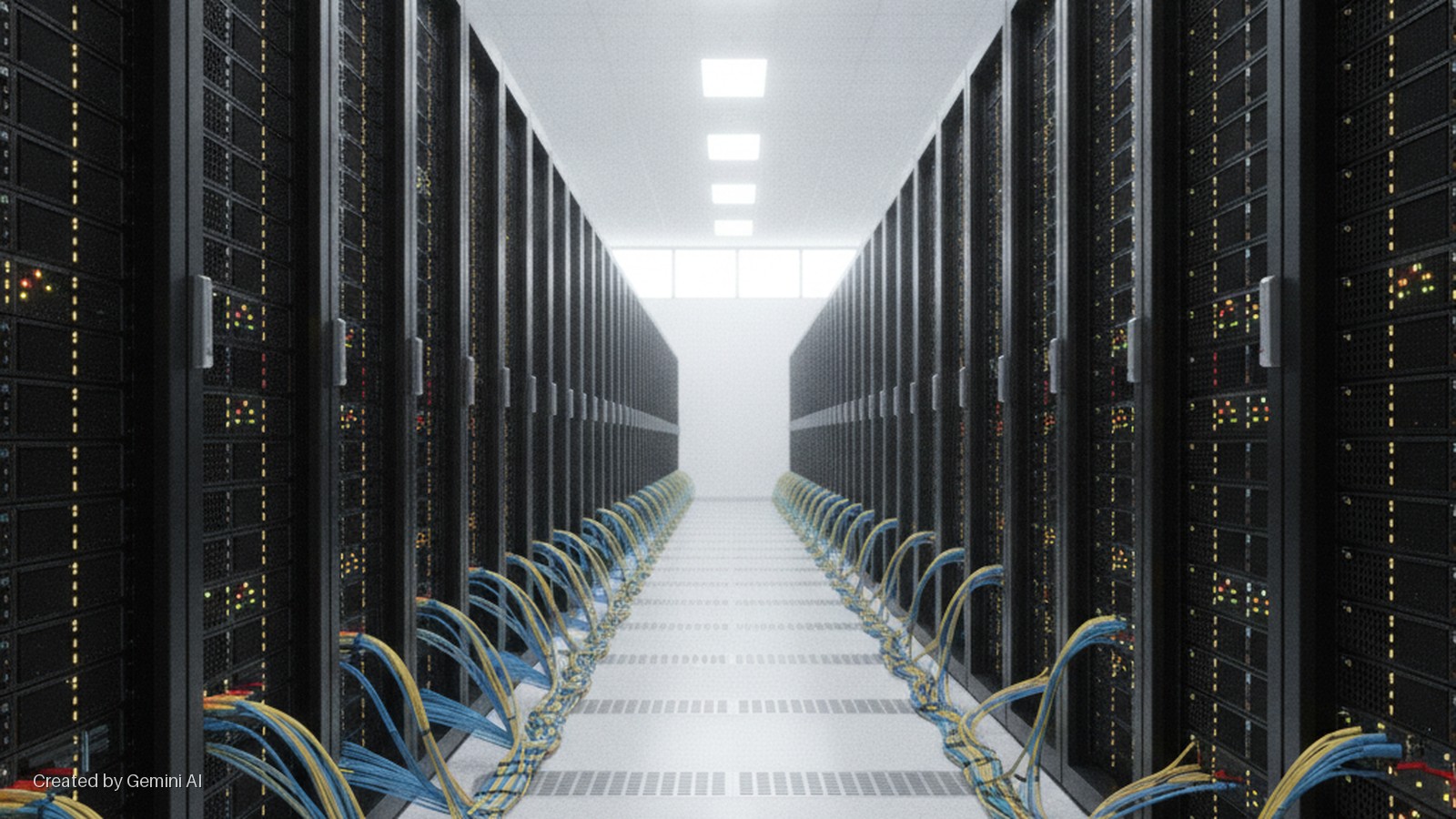 A long, brightly lit data center aisle features rows of black server racks with blinking indicator lights, and bundles of blue and yellow network cables arching from the racks onto the gridded floor.