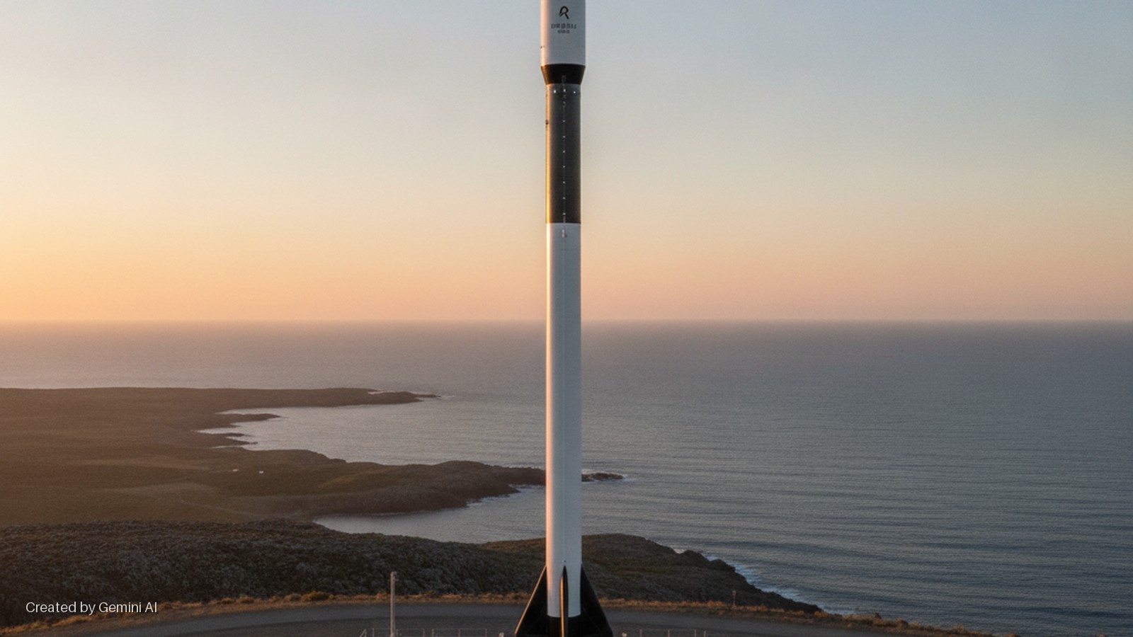 A white and black rocket stands on a launchpad overlooking a coastal landscape and ocean at sunset.