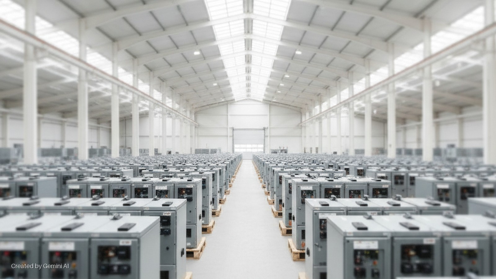 Rows of grey electrical cabinets on wooden pallets line the floor of a brightly lit, modern industrial warehouse with skylights.