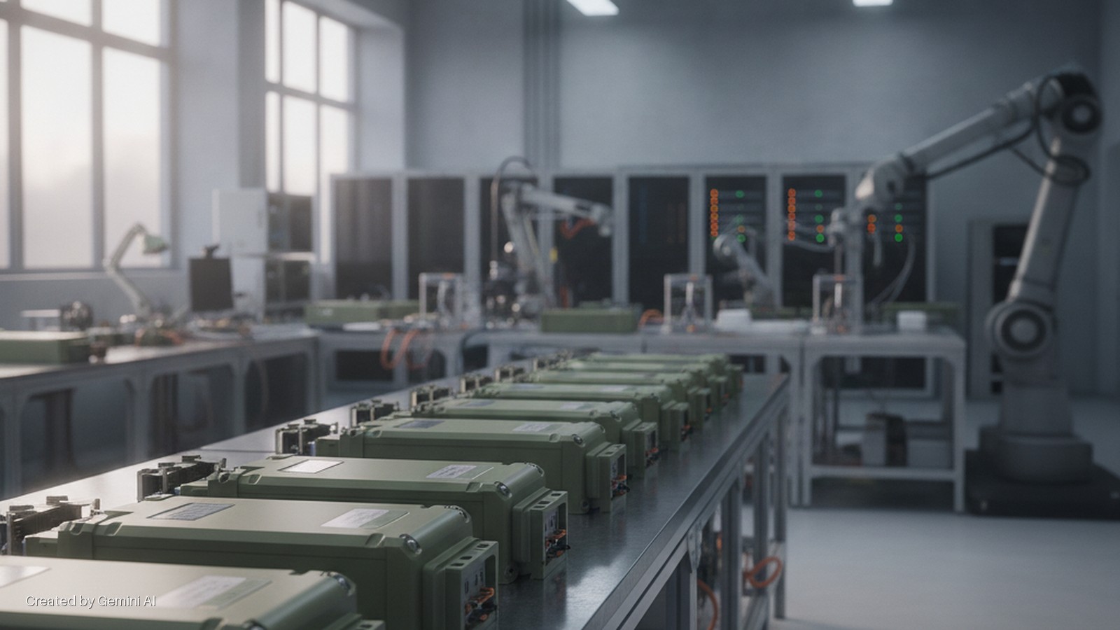 A brightly lit industrial facility features rows of olive-green electronic devices on a foreground workbench, with robotic arms and control panels visible under natural window light.