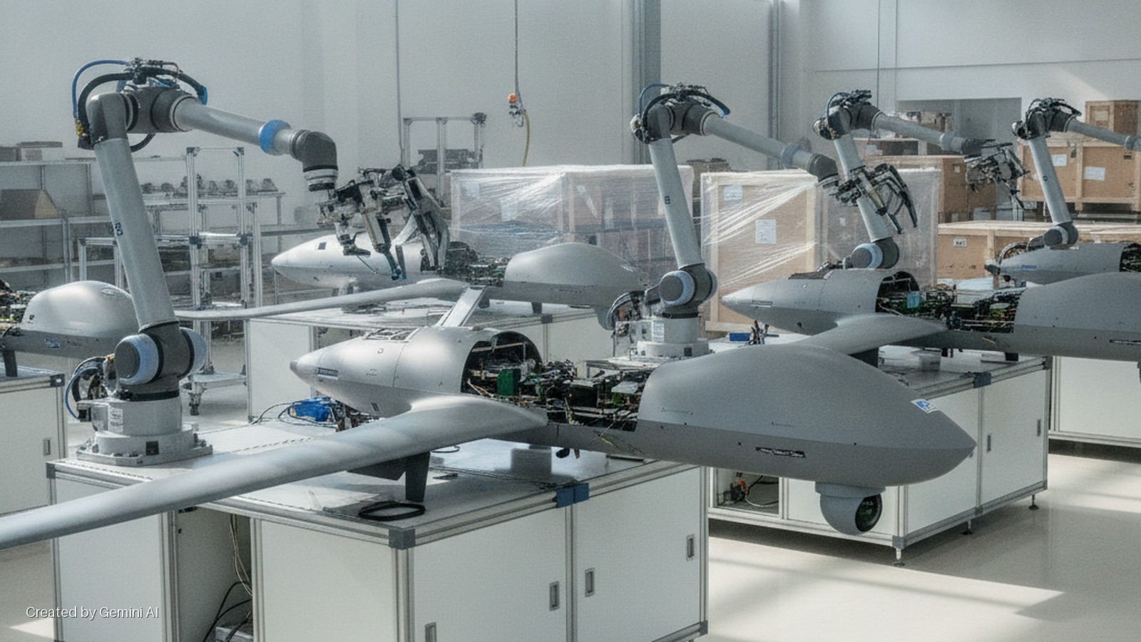 Grey robotic arms assemble partially completed grey UAVs on workbenches in a brightly lit industrial facility.