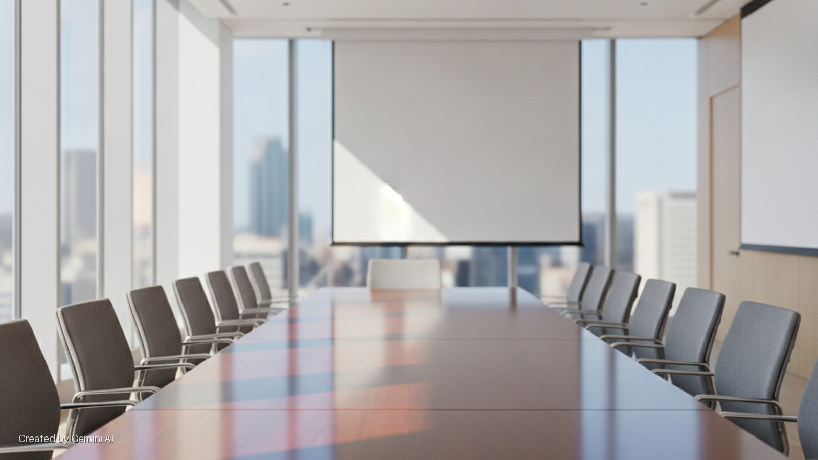 A brightly lit modern conference room features a long wooden conference table, grey chairs, and two large projector screens, one illuminated by a distinct sunbeam, all set against a city skyline visible through tall windows.