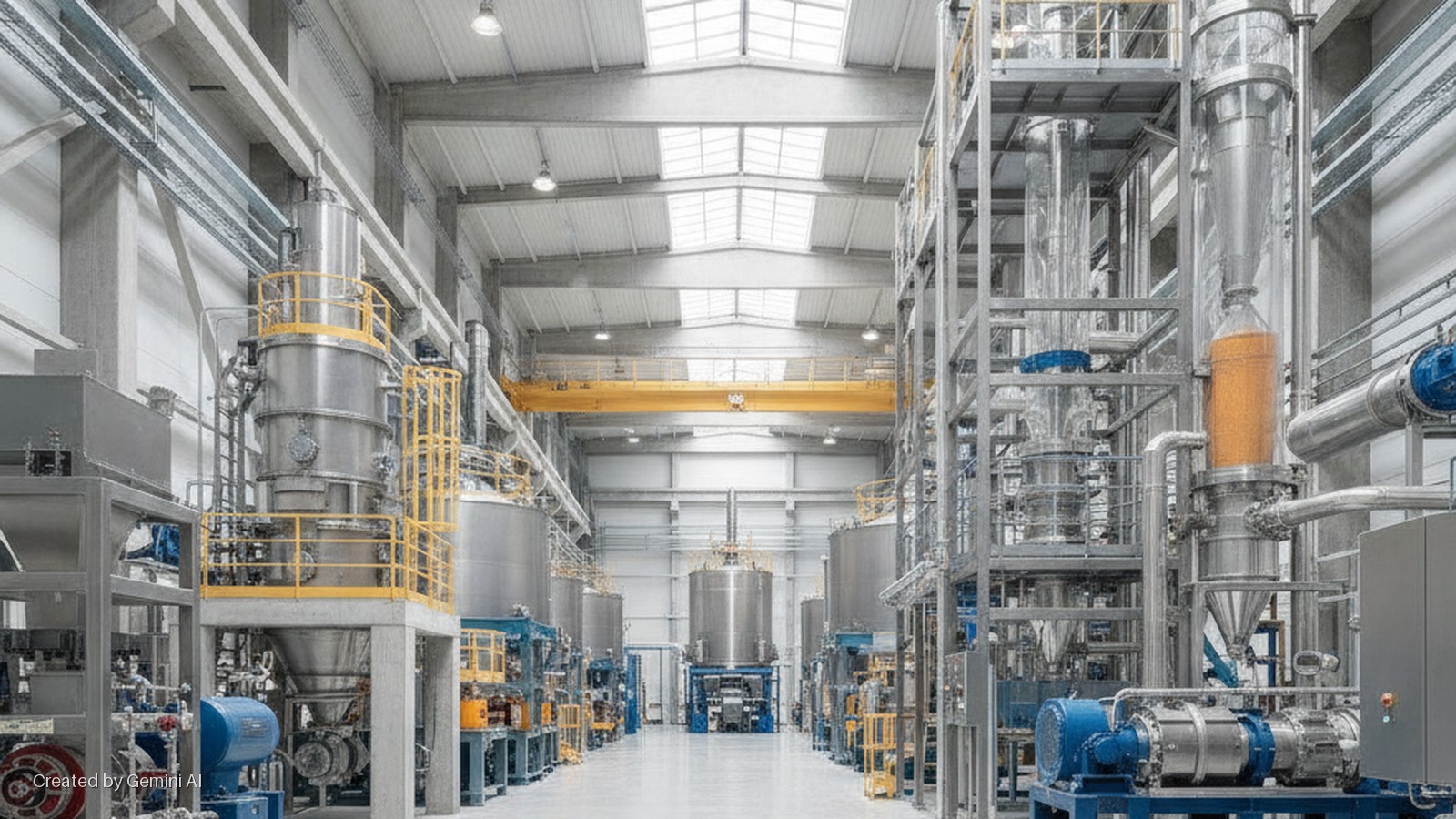 A brightly lit, modern industrial facility displaying rows of large stainless steel processing equipment, accented by yellow guardrails and blue pumps, with tall glass columns containing orange liquid, all beneath a metal roof with skylight