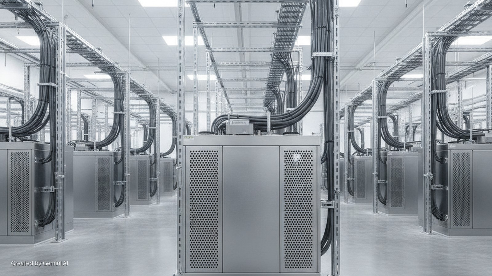 A brightly lit data center room features long rows of silver server racks with overhead cable trays carrying thick black cables.