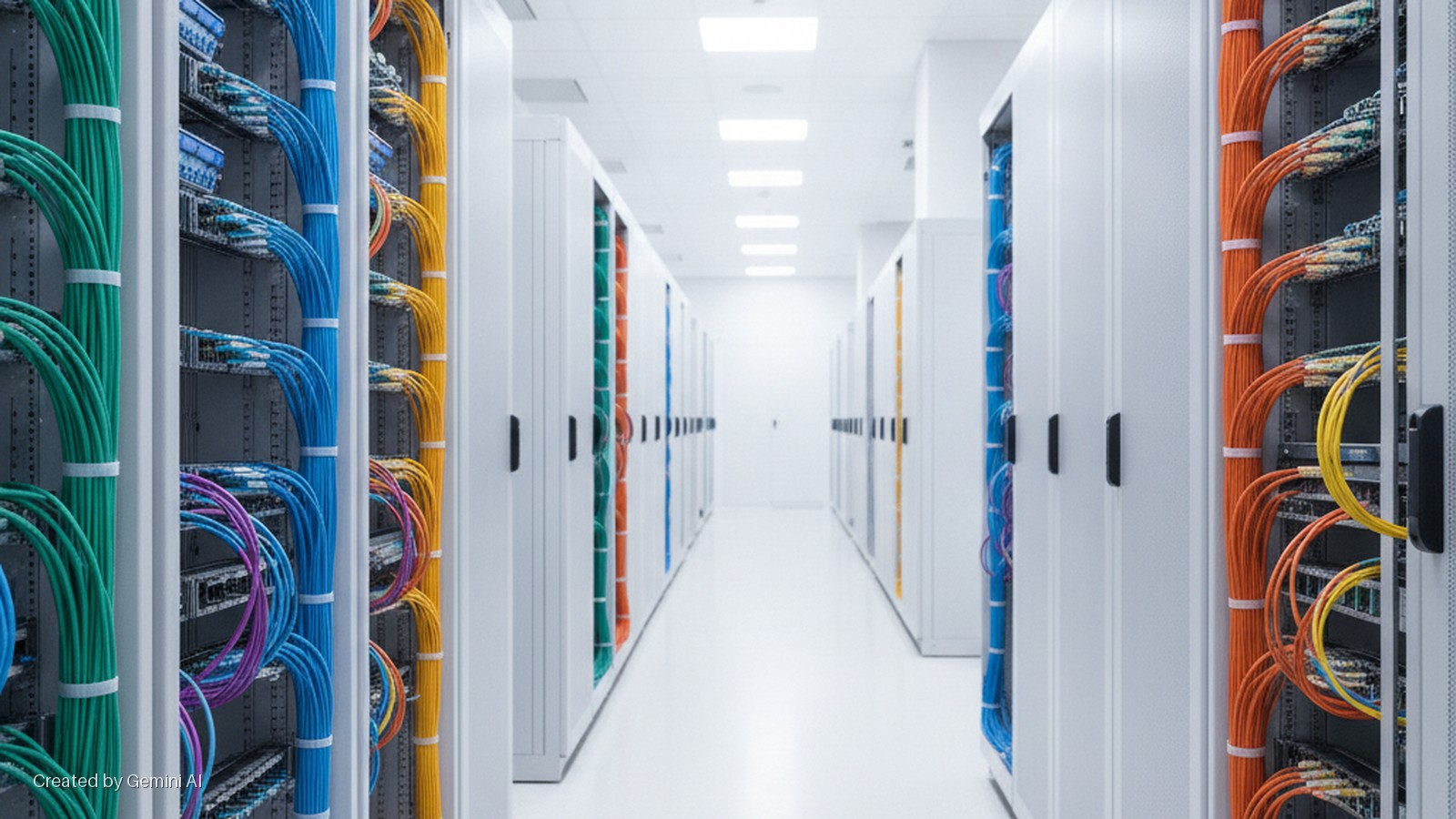 A brightly lit data center aisle features rows of white server cabinets, revealing organized green, blue, yellow, orange, and purple network cables connected to server equipment.