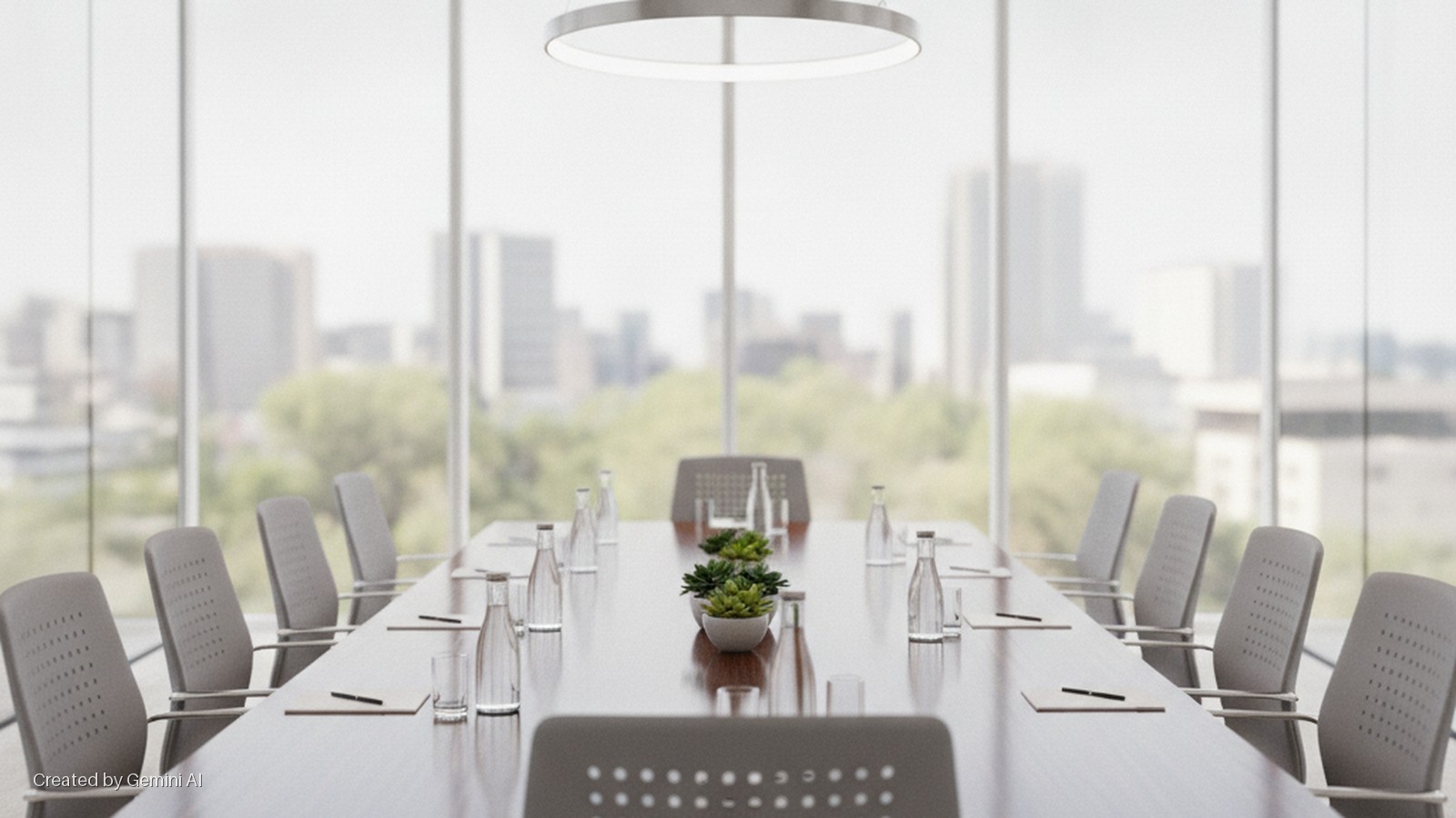 A bright conference room features a long wooden table set with water bottles, glasses, notebooks, pens, and small succulents, surrounded by chairs, with a city skyline visible through large windows and a circular ceiling light overhead.