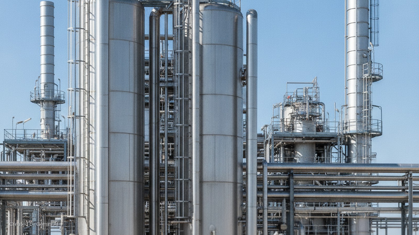 An industrial facility featuring tall silver storage tanks, distillation columns, and a network of pipes and platforms under a bright blue sky.