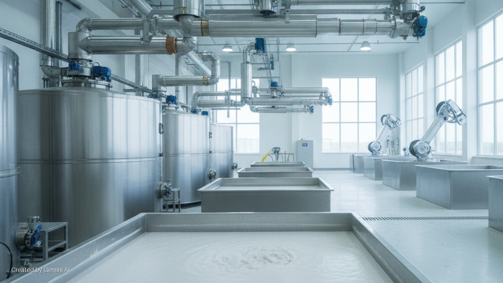 A bright industrial facility features large stainless steel tanks, extensive overhead piping, multiple open vats of white liquid, and several robotic arms near large windows.