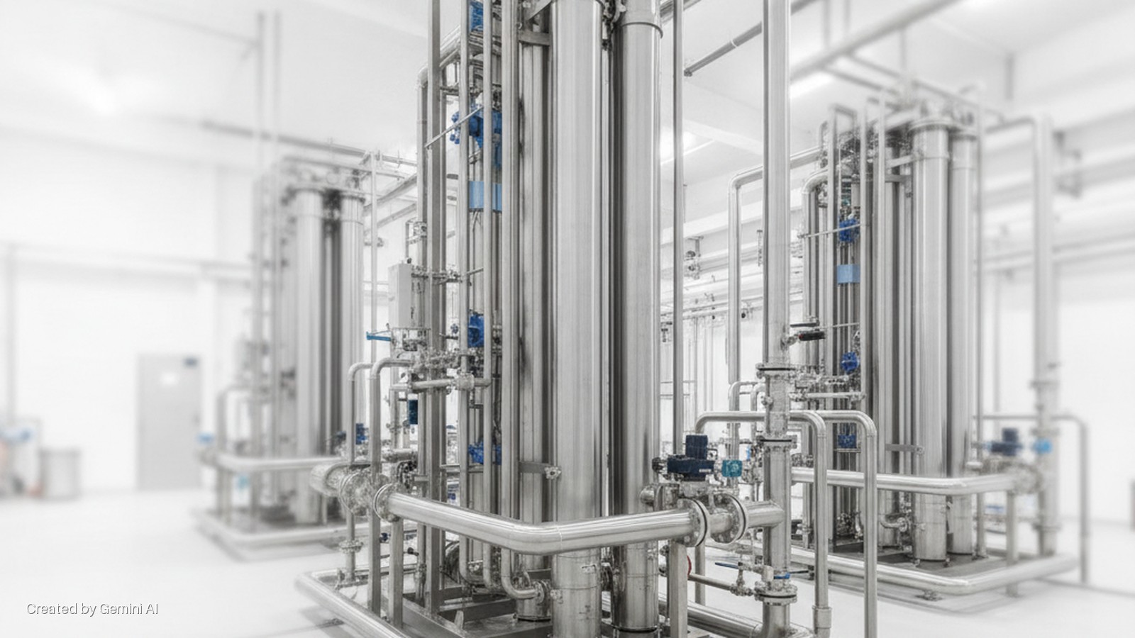 Multiple stainless steel columns and a complex network of pipes with blue-accented valves stand in a brightly lit, sterile industrial facility.