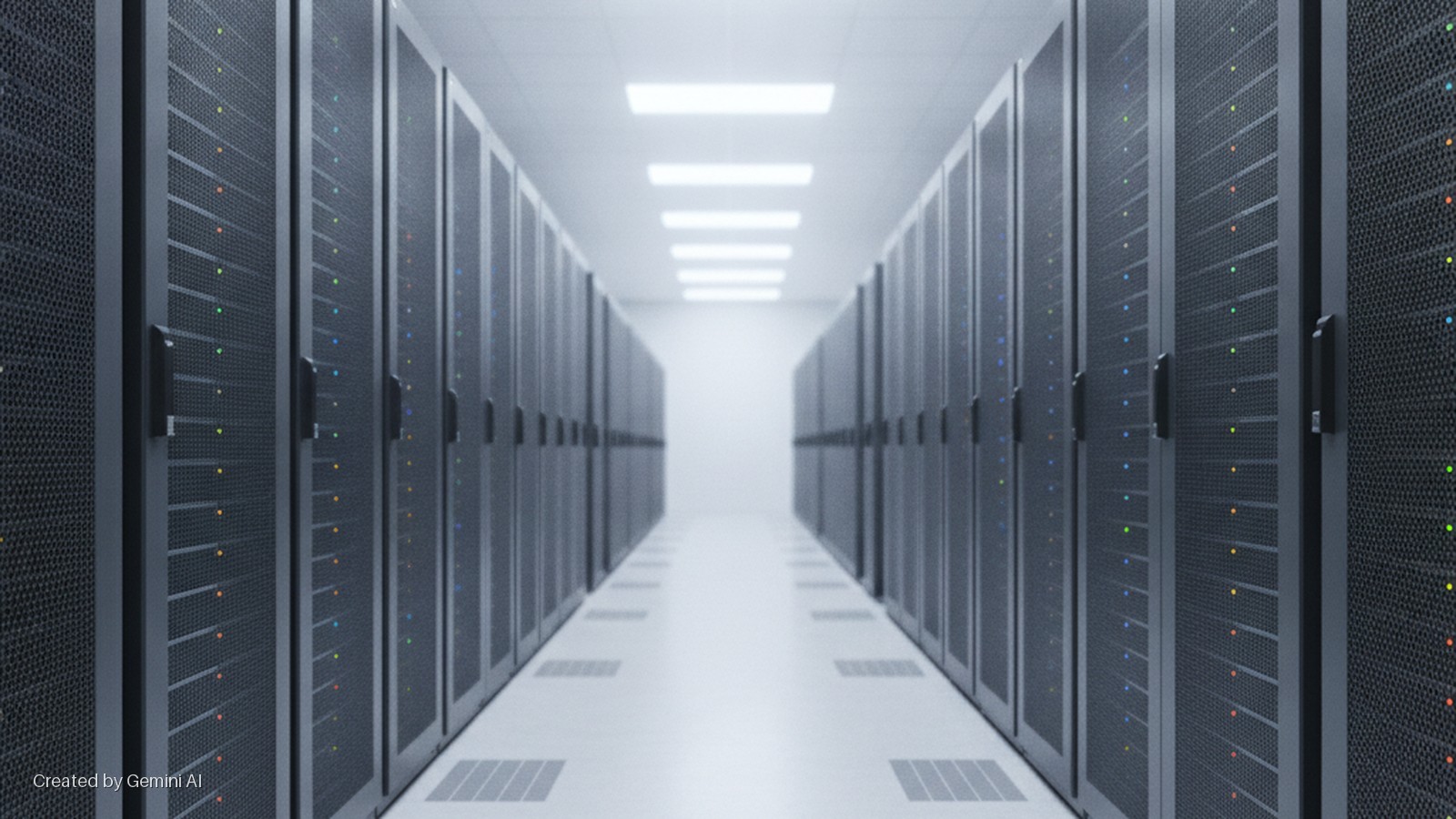 A brightly lit data center aisle extends into the distance, flanked by parallel rows of dark server racks with blinking colorful indicator lights.