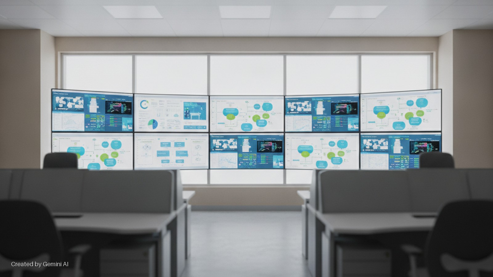 A control room with a curved wall of twelve large monitors displaying various data visualizations, rows of empty desks and chairs in the foreground, and bright ambient light from large windows and overhead panels.