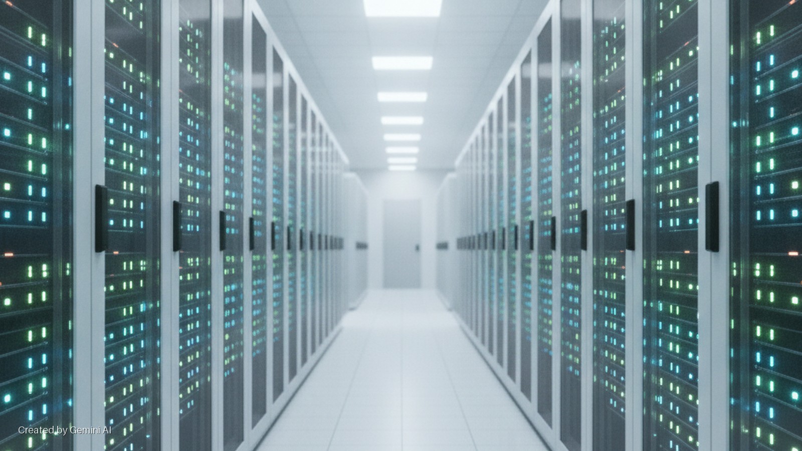 A long, brightly lit hallway in a data center is lined on both sides with rows of server racks displaying glowing blue and green indicator lights, leading to a closed door at the far end.