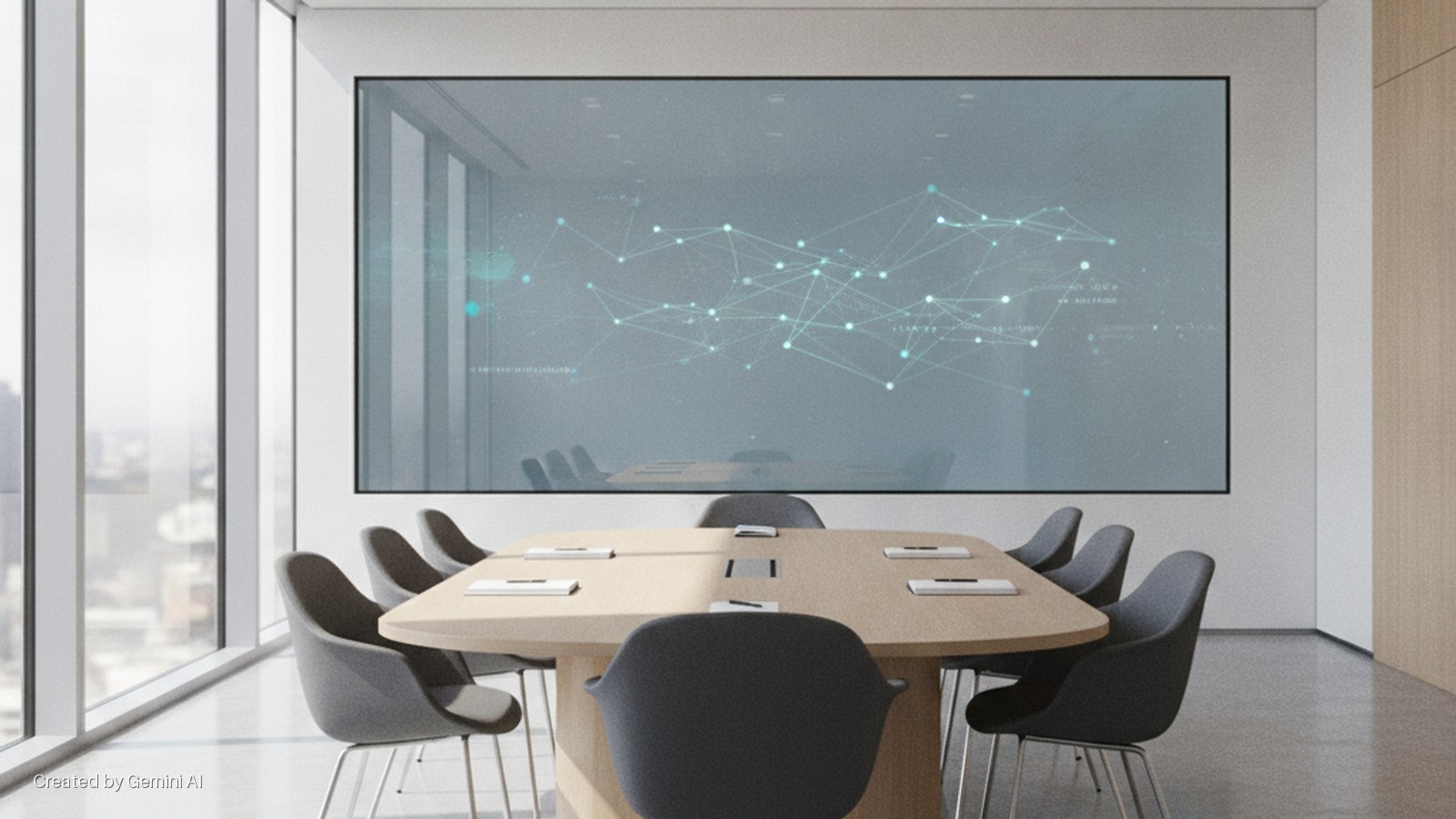 A brightly lit modern conference room features a large screen displaying a blue network graphic, an oval wooden table with documents, and grey chairs, next to expansive windows overlooking a city.
