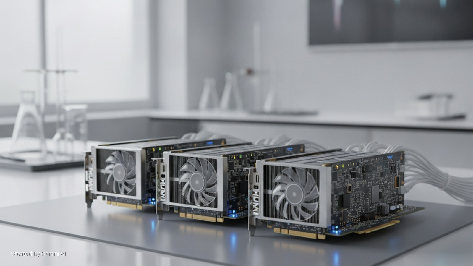 Three graphics cards with cooling fans and connected white cables sit on a table in a brightly lit laboratory, featuring glowing blue LED indicators and blurred glassware in the background.