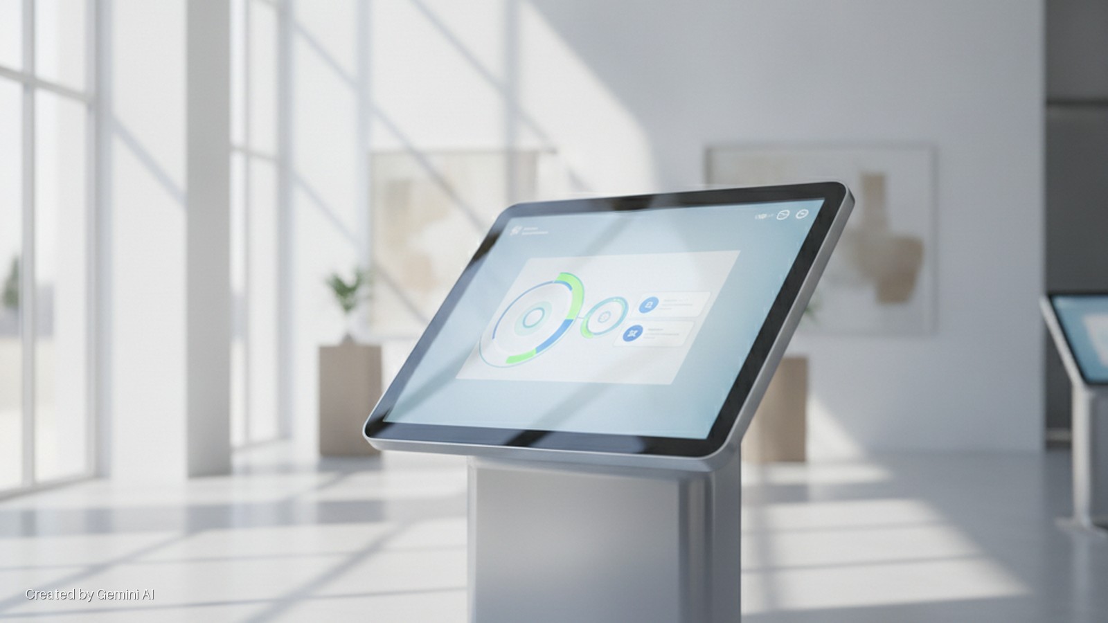 A silver interactive digital kiosk with a dashboard displayed on its touchscreen stands in a brightly lit, modern minimalist interior with large windows and a light-colored floor, casting distinct shadows.