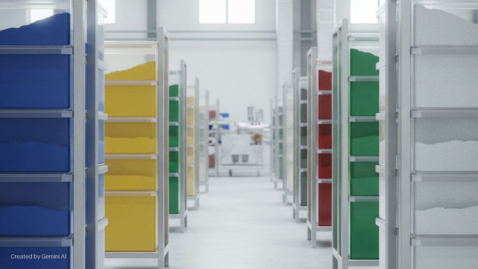 A brightly lit storage aisle features parallel rows of shelves holding clear bins of blue, yellow, green, red, and white powders or granules, leading towards a distant room with windows.