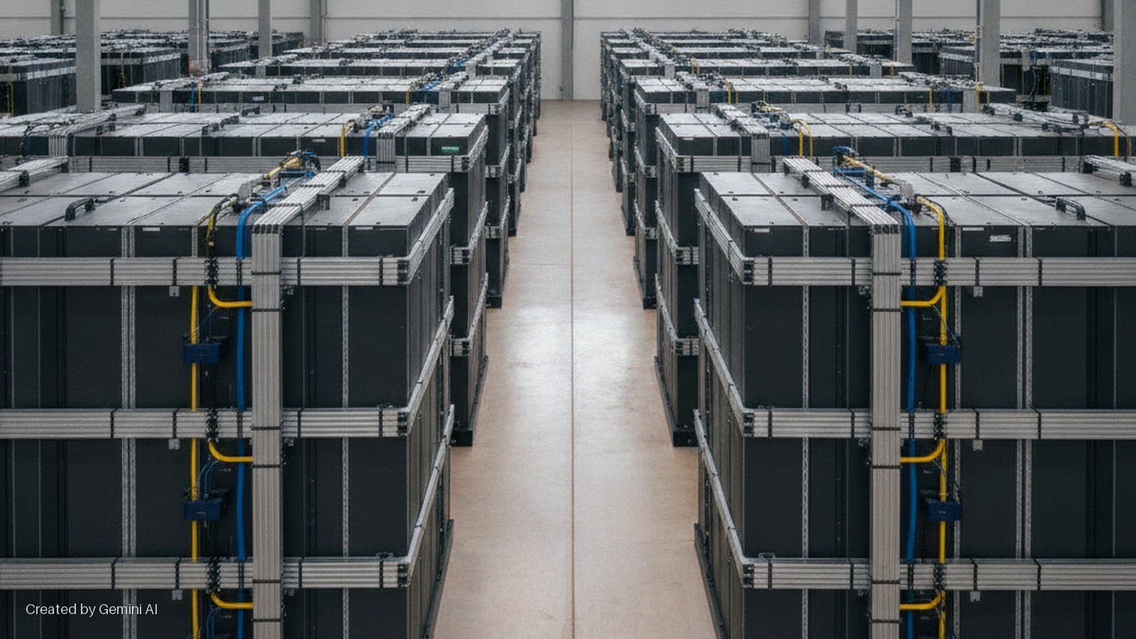 A brightly lit industrial hall contains long parallel rows of large, dark rectangular units stacked on silver metal frameworks, interconnected by blue and yellow cables and tubing.