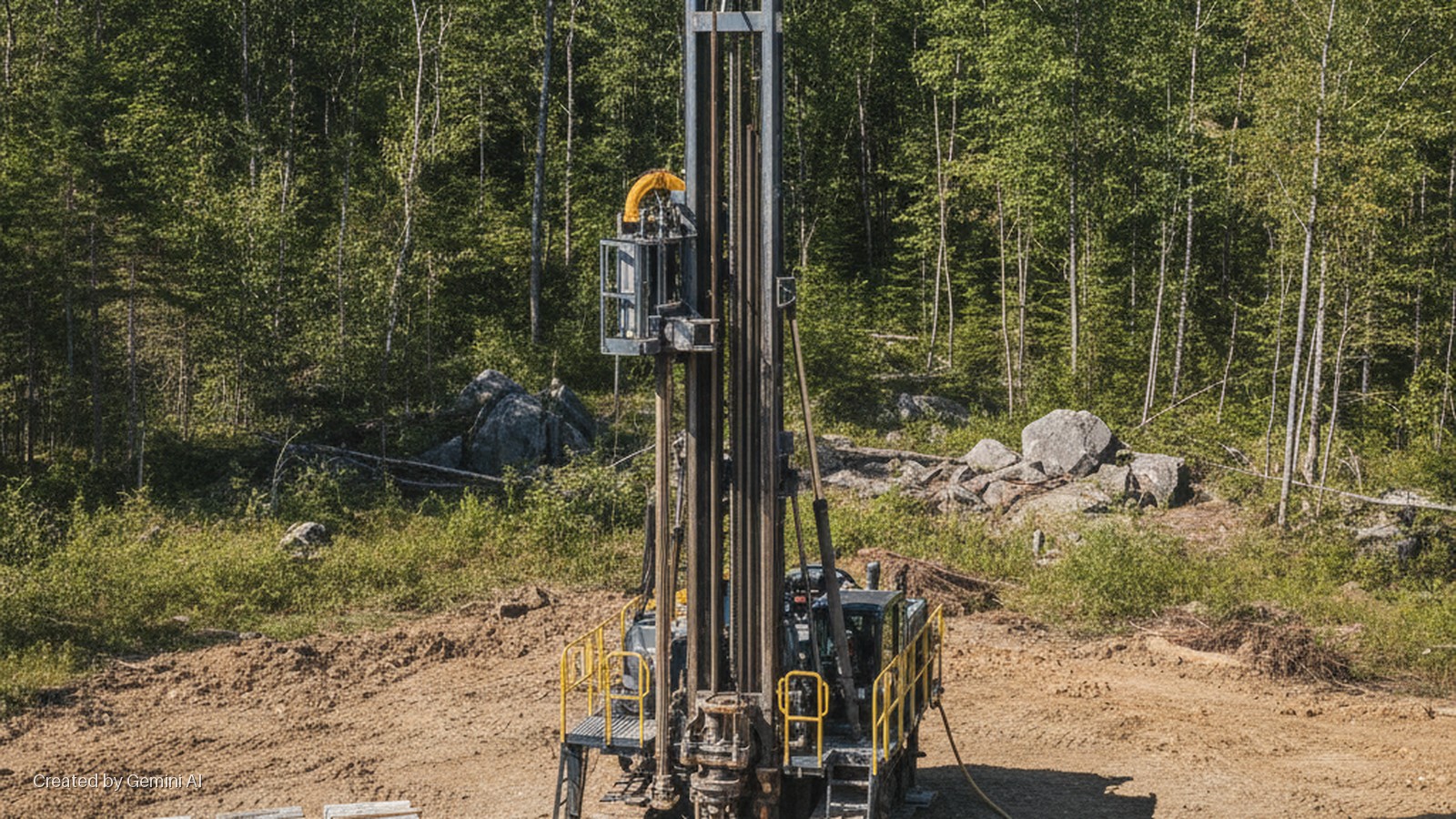 A large drilling rig with yellow railings stands on a cleared dirt patch in a forest with green trees, bushes, and rocks under bright daylight.