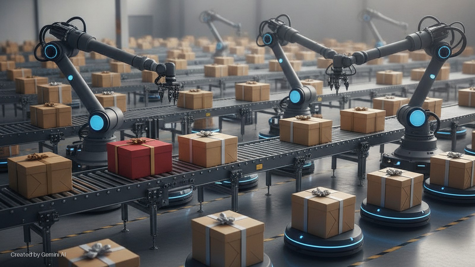 Industrial robotic arms with blue lights transfer numerous brown and red gift boxes on conveyor belts and circular mobile platforms in a brightly lit automated warehouse.
