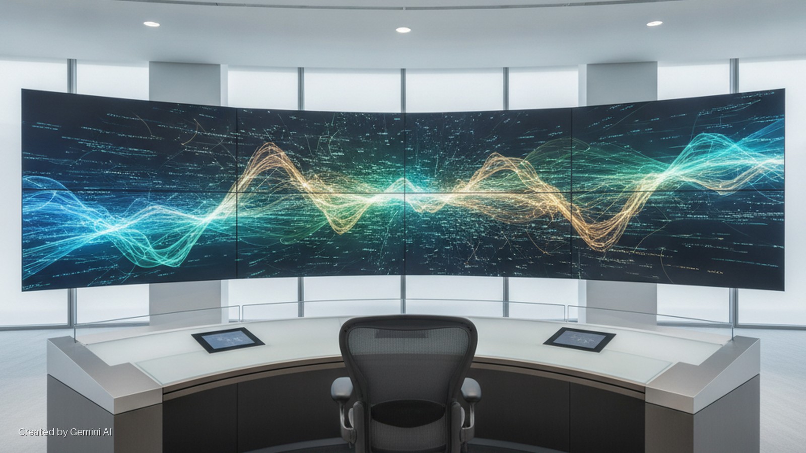 A modern control room features a grey ergonomic chair and a curved desk with two embedded tablets, facing a multi-screen curved video wall displaying abstract colorful wavy data against bright windows.