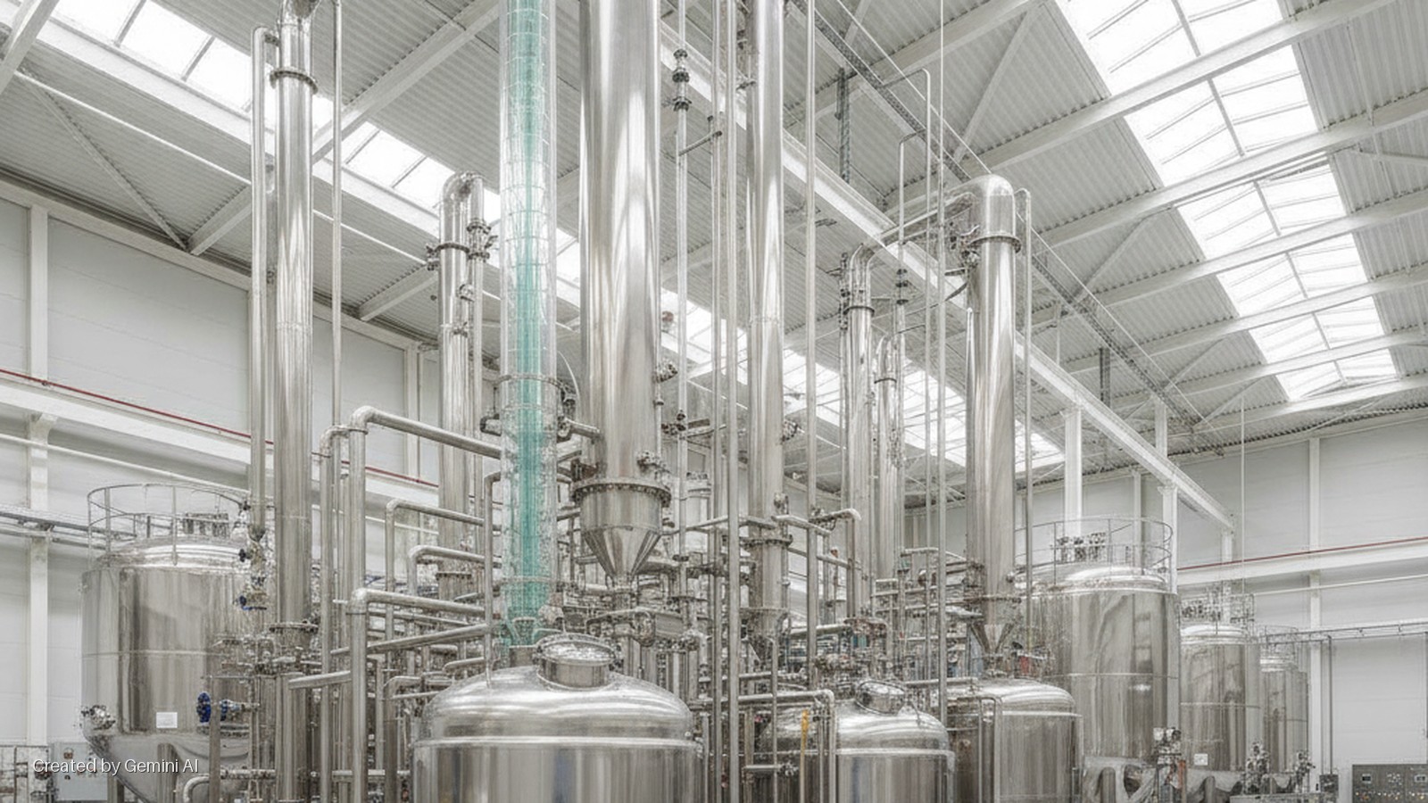 Interior of a brightly lit industrial processing facility filled with large stainless steel tanks, extensive piping, and multiple tall columns, one prominently clear and blue, beneath a corrugated metal roof with skylights.